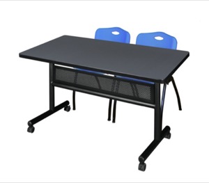 48" x 30" Flip Top Mobile Training Table with Modesty Panel - Grey and 2 "M" Stack Chairs - Blue
