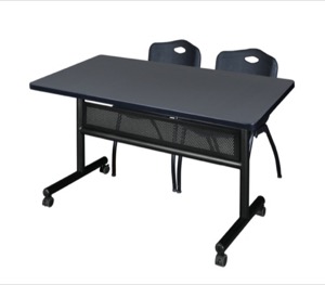 48" x 30" Flip Top Mobile Training Table with Modesty Panel - Grey and 2 "M" Stack Chairs - Black
