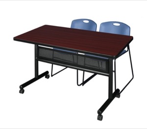 48" x 30" Flip Top Mobile Training Table with Modesty Panel - Mahogany and 2 Zeng Stack Chairs - Blue