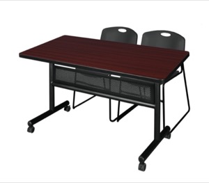48" x 30" Flip Top Mobile Training Table with Modesty Panel - Mahogany and 2 Zeng Stack Chairs - Black