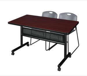 48" x 30" Flip Top Mobile Training Table with Modesty Panel - Mahogany and 2 Zeng Stack Chairs - Grey