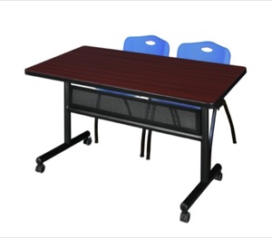 48" x 30" Flip Top Mobile Training Table with Modesty Panel - Mahogany and 2 "M" Stack Chairs - Blue