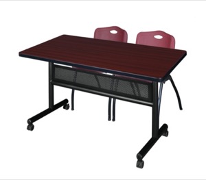 48" x 30" Flip Top Mobile Training Table with Modesty Panel - Mahogany and 2 "M" Stack Chairs - Burgundy