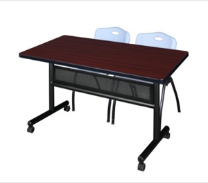 48" x 30" Flip Top Mobile Training Table with Modesty Panel - Mahogany and 2 "M" Stack Chairs - Grey