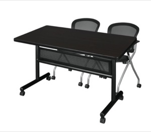 48" x 30" Flip Top Mobile Training Table with Modesty Panel - Mocha Walnut and 2 Cadence Nesting Chairs