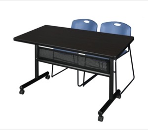 48" x 30" Flip Top Mobile Training Table with Modesty Panel - Mocha Walnut and 2 Zeng Stack Chairs - Blue