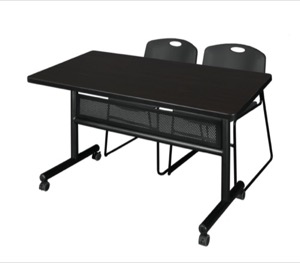 48" x 30" Flip Top Mobile Training Table with Modesty Panel - Mocha Walnut and 2 Zeng Stack Chairs - Black