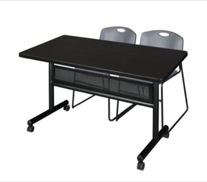 48" x 30" Flip Top Mobile Training Table with Modesty Panel - Mocha Walnut and 2 Zeng Stack Chairs - Grey