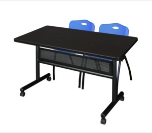 48" x 30" Flip Top Mobile Training Table with Modesty Panel - Mocha Walnut and 2 "M" Stack Chairs - Blue