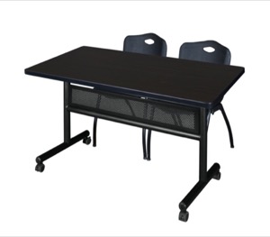 48" x 30" Flip Top Mobile Training Table with Modesty Panel - Mocha Walnut and 2 "M" Stack Chairs - Black