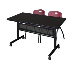 48" x 30" Flip Top Mobile Training Table with Modesty Panel - Mocha Walnut and 2 "M" Stack Chairs - Burgundy