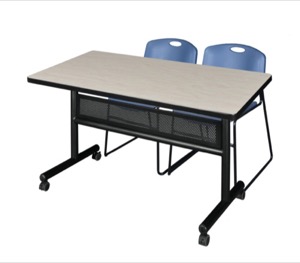 48" x 30" Flip Top Mobile Training Table with Modesty Panel - Maple and 2 Zeng Stack Chairs - Blue