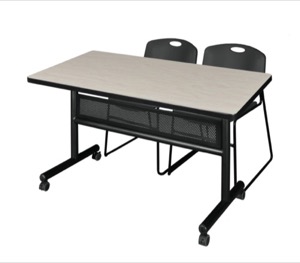 48" x 30" Flip Top Mobile Training Table with Modesty Panel - Maple and 2 Zeng Stack Chairs - Black