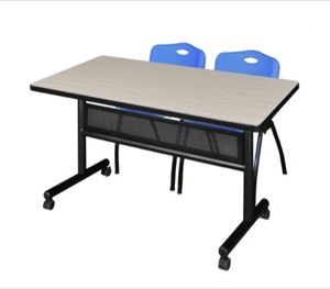 48" x 30" Flip Top Mobile Training Table with Modesty Panel - Maple and 2 "M" Stack Chairs - Blue
