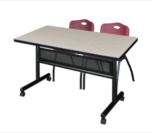 48" x 30" Flip Top Mobile Training Table with Modesty Panel - Maple and 2 "M" Stack Chairs - Burgundy