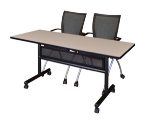 60" x 24" Flip Top Mobile Training Table with Modesty Panel - Beige and 2 Apprentice Nesting Chairs