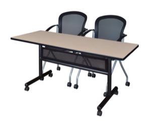 60" x 24" Flip Top Mobile Training Table with Modesty Panel - Beige and 2 Cadence Nesting Chairs