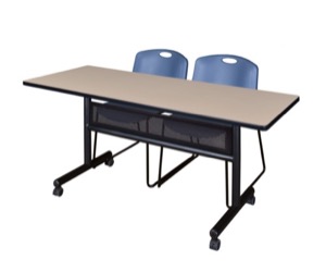 60" x 24" Flip Top Mobile Training Table with Modesty Panel - Beige and 2 Zeng Stack Chairs - Blue