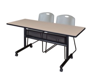 60" x 24" Flip Top Mobile Training Table with Modesty Panel - Beige and 2 Zeng Stack Chairs - Grey