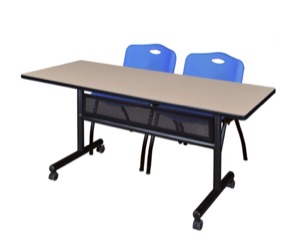 60" x 24" Flip Top Mobile Training Table with Modesty Panel - Beige and 2 "M" Stack Chairs - Blue
