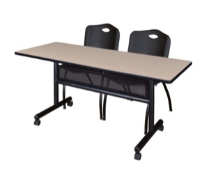 60" x 24" Flip Top Mobile Training Table with Modesty Panel - Beige and 2 "M" Stack Chairs - Black