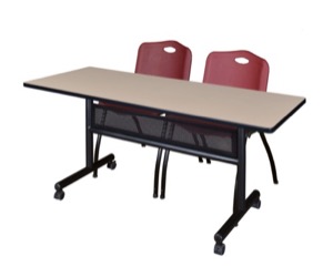 60" x 24" Flip Top Mobile Training Table with Modesty Panel - Beige and 2 "M" Stack Chairs - Burgundy
