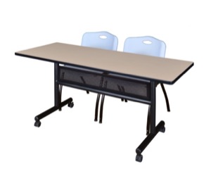 60" x 24" Flip Top Mobile Training Table with Modesty Panel - Beige and 2 "M" Stack Chairs - Grey