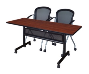 60" x 24" Flip Top Mobile Training Table with Modesty Panel - Cherry and 2 Cadence Nesting Chairs
