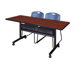 60" x 24" Flip Top Mobile Training Table with Modesty Panel - Cherry and 2 Zeng Stack Chairs - Blue