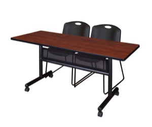 60" x 24" Flip Top Mobile Training Table with Modesty Panel - Cherry and 2 Zeng Stack Chairs - Black