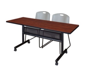 60" x 24" Flip Top Mobile Training Table with Modesty Panel - Cherry and 2 Zeng Stack Chairs - Grey