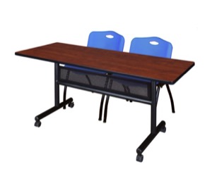 60" x 24" Flip Top Mobile Training Table with Modesty Panel - Cherry and 2 "M" Stack Chairs - Blue