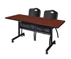 60" x 24" Flip Top Mobile Training Table with Modesty Panel - Cherry and 2 "M" Stack Chairs - Black