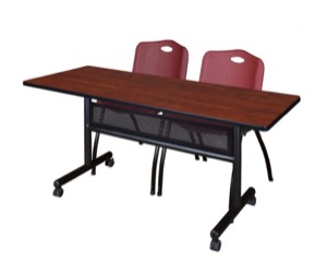 60" x 24" Flip Top Mobile Training Table with Modesty Panel - Cherry and 2 "M" Stack Chairs - Burgundy