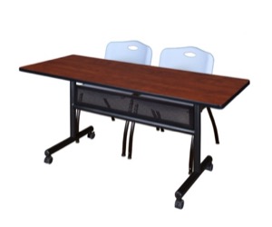 60" x 24" Flip Top Mobile Training Table with Modesty Panel - Cherry and 2 "M" Stack Chairs - Grey