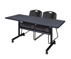 60" x 24" Flip Top Mobile Training Table with Modesty Panel - Grey and 2 Zeng Stack Chairs - Black