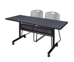 60" x 24" Flip Top Mobile Training Table with Modesty Panel - Grey and 2 Zeng Stack Chairs - Grey