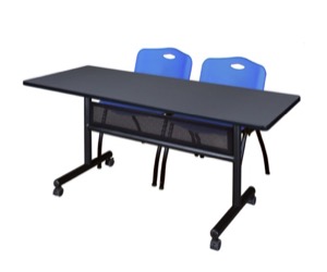 60" x 24" Flip Top Mobile Training Table with Modesty Panel - Grey and 2 "M" Stack Chairs - Blue