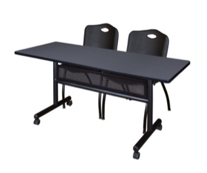 60" x 24" Flip Top Mobile Training Table with Modesty Panel - Grey and 2 "M" Stack Chairs - Black