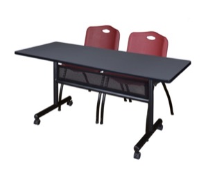 60" x 24" Flip Top Mobile Training Table with Modesty Panel - Grey and 2 "M" Stack Chairs - Burgundy
