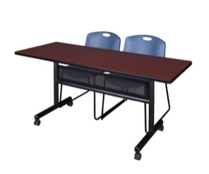 60" x 24" Flip Top Mobile Training Table with Modesty Panel - Mahogany and 2 Zeng Stack Chairs - Blue