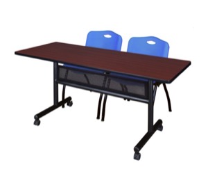 60" x 24" Flip Top Mobile Training Table with Modesty Panel - Mahogany and 2 "M" Stack Chairs - Blue