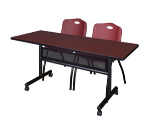 60" x 24" Flip Top Mobile Training Table with Modesty Panel - Mahogany and 2 "M" Stack Chairs - Burgundy