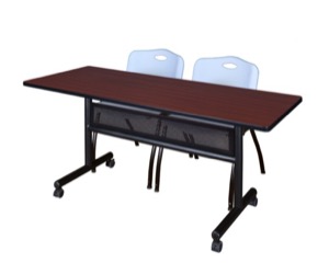 60" x 24" Flip Top Mobile Training Table with Modesty Panel - Mahogany and 2 "M" Stack Chairs - Grey