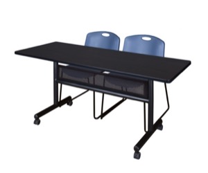 60" x 24" Flip Top Mobile Training Table with Modesty Panel - Mocha Walnut and 2 Zeng Stack Chairs - Blue