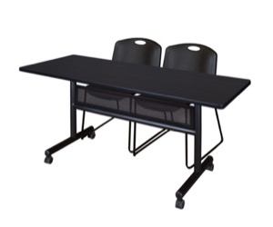 60" x 24" Flip Top Mobile Training Table with Modesty Panel - Mocha Walnut and 2 Zeng Stack Chairs - Black