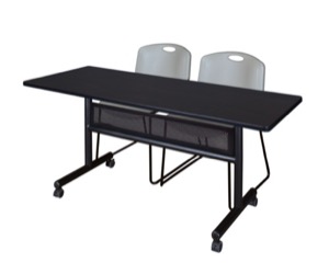 60" x 24" Flip Top Mobile Training Table with Modesty Panel - Mocha Walnut and 2 Zeng Stack Chairs - Grey