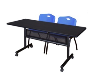 60" x 24" Flip Top Mobile Training Table with Modesty Panel - Mocha Walnut and 2 "M" Stack Chairs - Blue