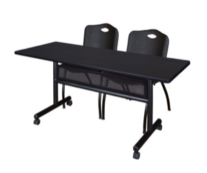 60" x 24" Flip Top Mobile Training Table with Modesty Panel - Mocha Walnut and 2 "M" Stack Chairs - Black