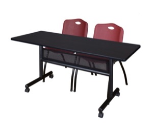 60" x 24" Flip Top Mobile Training Table with Modesty Panel - Mocha Walnut and 2 "M" Stack Chairs - Burgundy